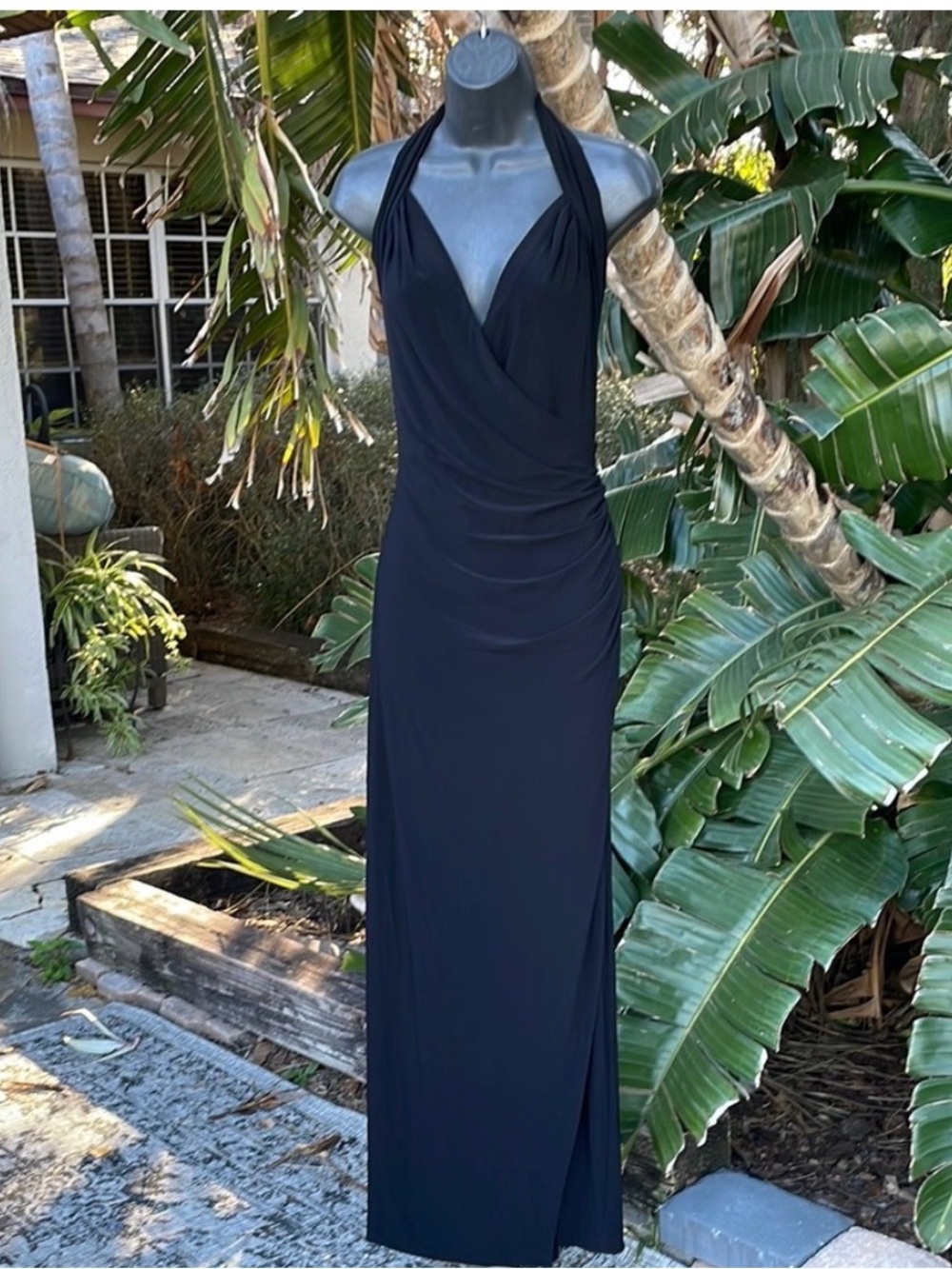 NORMA KAMALI Halter Wrap Straight Gown, Black, XS